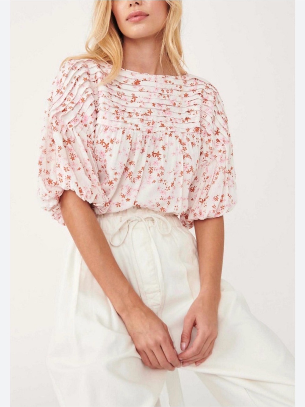Intimately by Free People Dessa Floral Bodysuit White Floral Pintuck Blouse